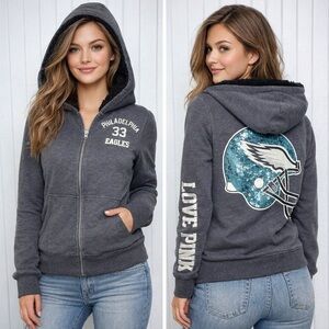 Philadelphia Eagles‎ Y2K Pink Victoria’s Secret Jacket Size S NFL Hooded Sherpa